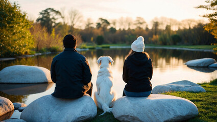 Fototapeta premium Couple with Their Dog Sitting on Stones Near a Tranquil Lake, Watching the Sunset in Nature