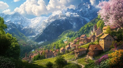 Obraz premium Mountain village nestled among snow-capped peaks.