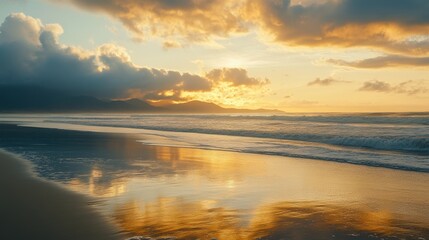 Obraz premium Golden sunset over beach with waves.