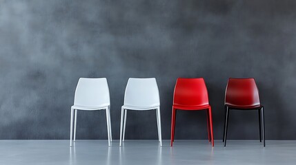 Three white chairs and one red chair are in line against the grey wall, and the interior design is minimalist, with a high-resolution stock photo for a modern home office or studio.
