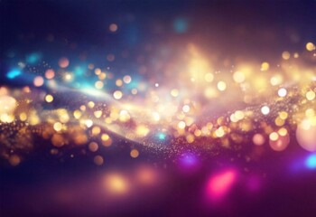 Abstract background with bokeh lights in shades of blue, gold, and pink.