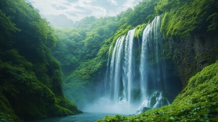 Fototapeta premium Tall waterfall cascades in lush green forest.