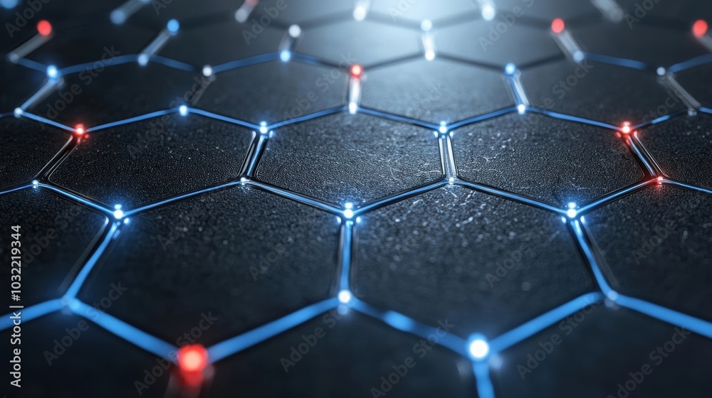 Wall mural close-up of a futuristic hexagonal pattern with glowing lights, showcasing a blend of technology and