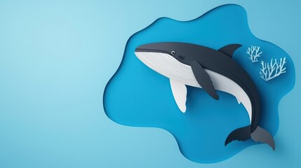 Obraz premium A beautifully crafted paper cutout of a whale swimming in a serene blue ocean, showcasing creativity and marine life elegance.