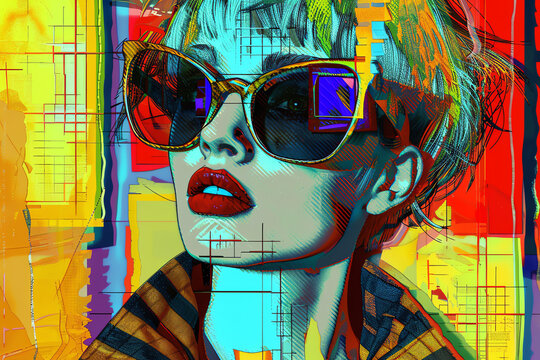 Bring a twist to Pop Art Fashion Trends through pixel art, showcasing a panoramic view with unexpected camera angles Use precise detailing and vivid colors to infuse a sense of playfulness and creativ