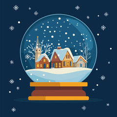Fototapeta premium Flat design vector of a snow globe featuring a winter village with snowflakes falling inside.