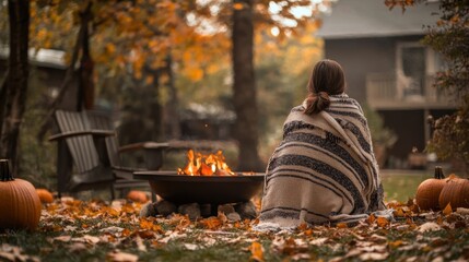 Cozy Woman Wrapped in Blanket by a Fire Pit