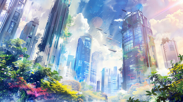 Capture a sci-fi cityscape with sleek digital buildings intertwined with lush gardens, depicted in vibrant watercolor