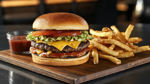 Closeup of a juicy cheeseburger with melted cheese, tomato, lettuce, and a side of fries on a wooden board.