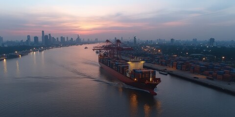 Naklejka premium Container Ship Navigating Urban Waterway at Sunset