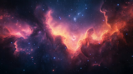 Fototapeta premium A beautiful, colorful galaxy with a large orange cloud in the middle. The stars are scattered throughout the image, creating a sense of depth and wonder. Scene is one of awe