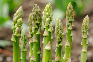 Fresh green asparagus spears are growing from the soil in a garden