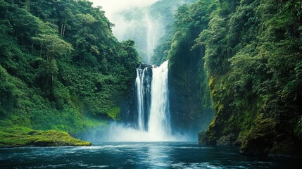 Waterfall cascades into a calm pool surrounded by lush greenery.