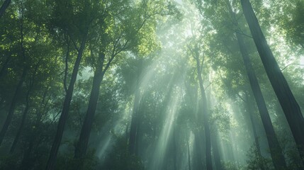 Obraz premium Sunbeams pierce through dense forest mist.
