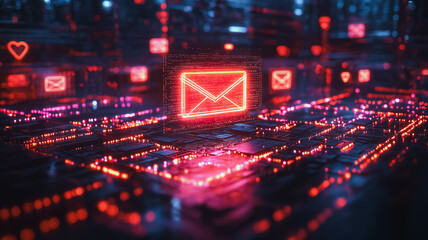 A computer screen with a red envelope on it. The envelope is surrounded by other red lights and the image has a futuristic, sci-fi feel to it