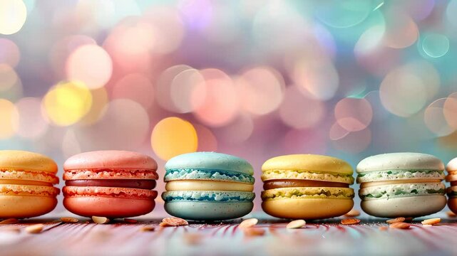 Colorful macarons on a wooden table, bokeh background. French dessert and festive celebration concept.