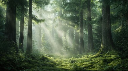 Obraz premium Sunlight beams through a dense, mossy forest.