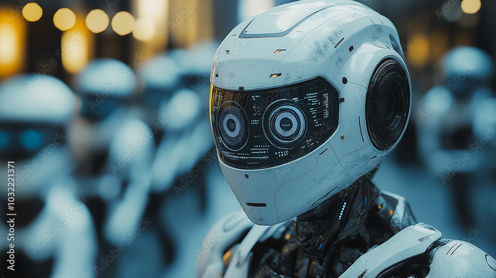 Poster a robot with a white helmet stands in front of a group of robots. the scene is futuristic and the ro