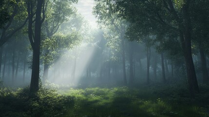Obraz premium Sunbeams pierce through a foggy forest.