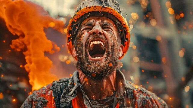 Construction worker shows intense emotion amid fiery surroundings during a demanding project in downtown area