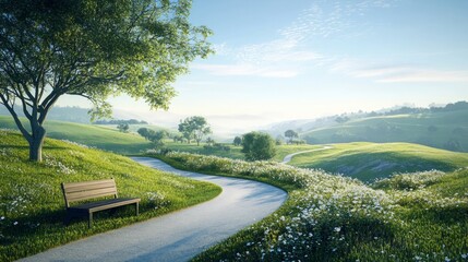 Tranquil Morning Landscape with Winding Road, Inviting Bench, and Lush Greenery Under a Clear Blue Sky, Capturing Peaceful Nature and Serene Outdoor Scenery