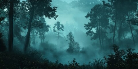 Fototapeta premium Dark, misty forest with tall trees.
