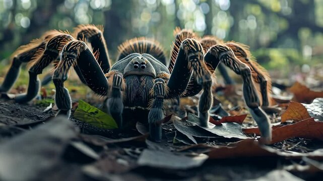 Tarantula on forest floor with blurred background, wildlife and nature concept.