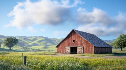 Obraz premium Red barn in a field with green hills.