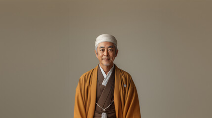 Portrait of an elderly man wearing traditional Japanese kimono, smiling peacefully. The neutral background highlights his gentle expression.