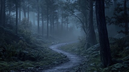 Obraz premium Misty forest path with tall trees.