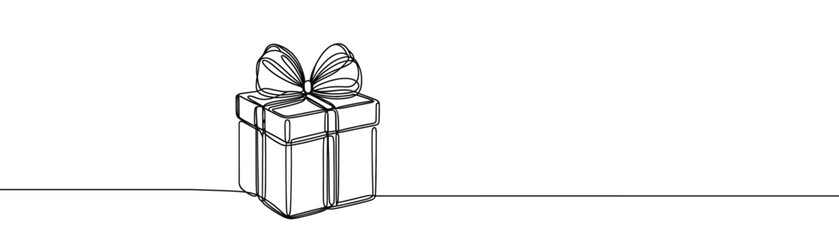 Single drawing with a continuous line on a white background. Gift box with bow, holiday and Christmas concept