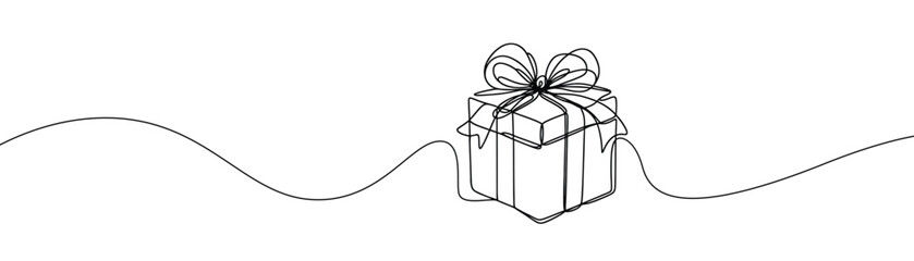 Single drawing with a continuous line on a white background. Gift box with bow, holiday and Christmas concept