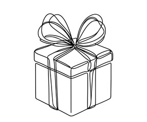 Single drawing with a continuous line on a white background. Gift box with bow, holiday and Christmas concept