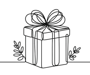 Single drawing with a continuous line on a white background. Gift box with bow, holiday and Christmas concept