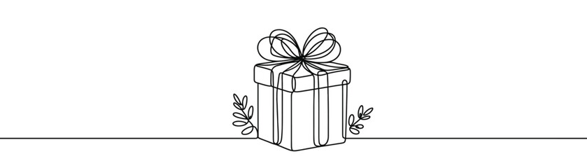 Single drawing with a continuous line on a white background. Gift box with bow, holiday and Christmas concept