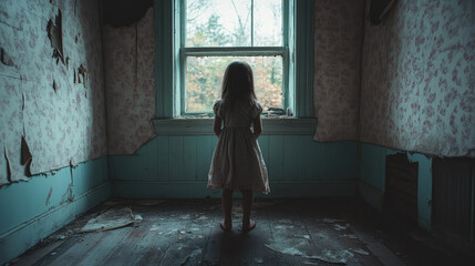 A girl is standing in a room with a window