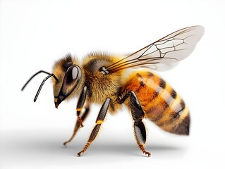 A close-up of a honeybee with its wings spread, showcasing its intricate details and furry body.