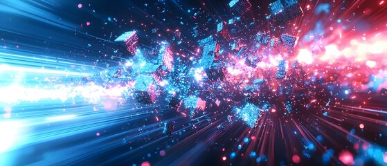 Abstract digital art with glowing blue and pink cubes and streaks of light.