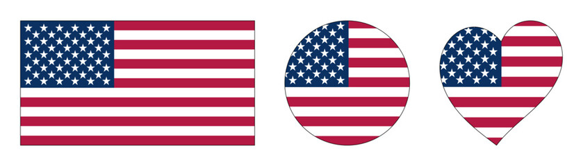 Naklejka premium Set of three stickers with the US flag in the form of a rectangle, round and heart, isolated on a transparent background. Perfect for US elections, independence day or other American national holidays