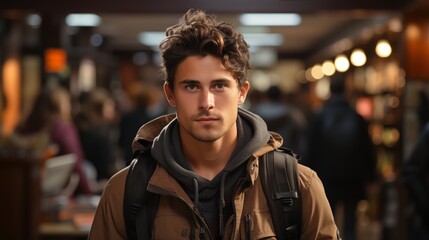 Obraz premium Cheerful male international student with backpack, standing near bookshelves at university library