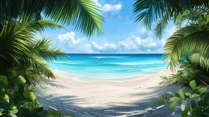 Tropical beach seen through palm trees.