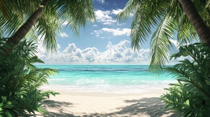 Fototapeta premium Tropical beach framed by palm trees.