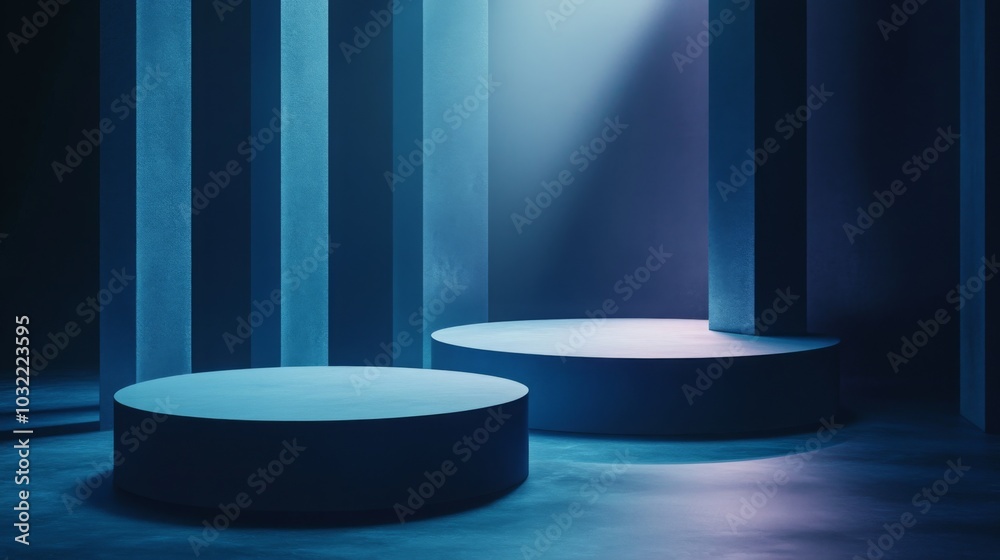 Poster The image features two circular platforms in front of a wall of blue pillars. The platforms are made of the same material as the pillars, a smooth, dark blue.