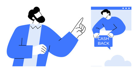 A person pointing towards another person holding a Cash Back sign, displayed within a chat window. Ideal for promotions, e-commerce, online shopping, customer rewards, and marketing strategies