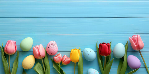 Obraz premium a group of tulips and eggs on a blue wood surface