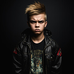 Obraz premium Young boy with punk hairstyle in a black leather jacket and intense expression