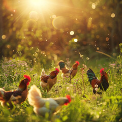 Farm, sustainability and chicken flock on farm for organic, poultry and livestock farming.