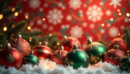 Bright red and green ornaments, adorned with sparkling details, create a festive display on a bed of faux snow, capturing the warmth of Christmas magic