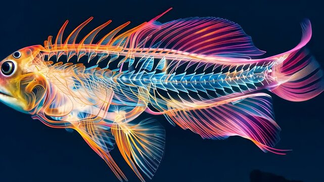 Radiant fish x-ray illustration on dark background, digital art concept.