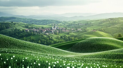 Futuristic Data Overlay on Rolling Green Hills and Village